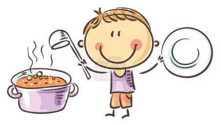 Téléchargez les photos : Doodle boy cook preparing vegeterian soup, isolated on white, cartoon clipart, vector illustration - en image libre de droit