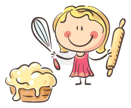 Téléchargez les photos : Cartoon doodle kid clipart. Girl and dough, preparing baking, isolated on white. Vector illustration - en image libre de droit