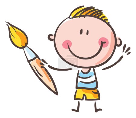 Téléchargez les photos : Doodle boy holding paint brush. Kid creative activities clipart, isolated on white background, vector illustration. - en image libre de droit