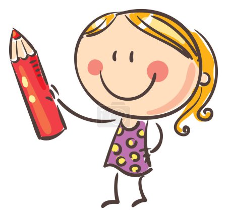 Téléchargez les photos : Little cartoon girl holding pencil. Kid creative activities clipart, isolated on white background, vector illustration. - en image libre de droit
