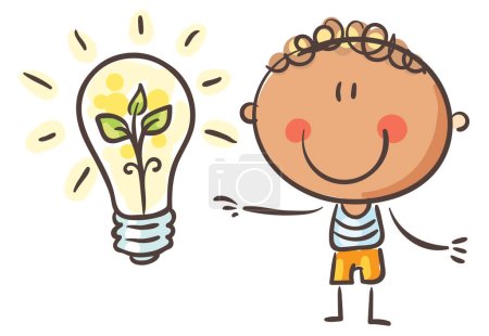 Téléchargez les photos : Cartoon child holding a light bulb with plant. Ecology concept, green energy. Vector cartoon illustration. - en image libre de droit