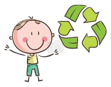 Téléchargez les photos : Illustration of a cartoon happy kid and recycling sign, Ecological concept, saving earth, conservation, environment clipart - en image libre de droit