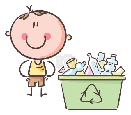 Téléchargez les photos : Illustration of a little cartoon child with garbage basket with recycle symbol, vector clipart - en image libre de droit