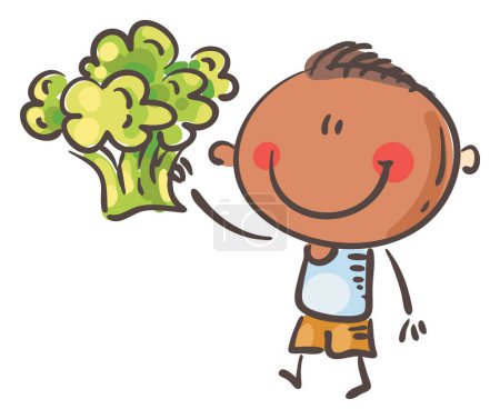 Téléchargez les photos : Cartoon boy and vegetable - broccoli. Healthy food and kid clipart. Isolated on white background. Vector illustration. - en image libre de droit