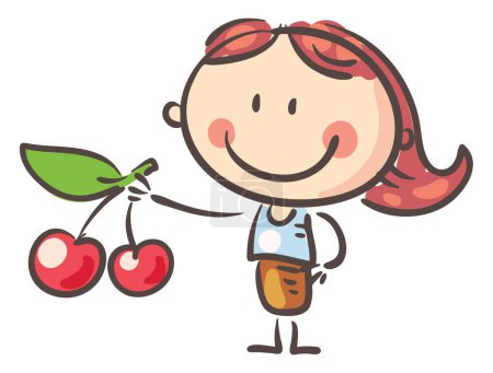 Téléchargez les photos : Kid and fruit. Healthy food. Cartoon girl holding cherry. Isolated on white background. Vector clipart illustration. - en image libre de droit