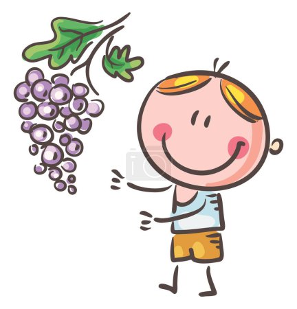 Téléchargez les photos : Cartoon doodle boy with grape. Kid clipart. Vector illustration. Isolated on white background. - en image libre de droit