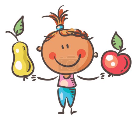 Téléchargez les photos : Funny sketchy kid with fruits - apple and pear. Vector clipart illustration - en image libre de droit