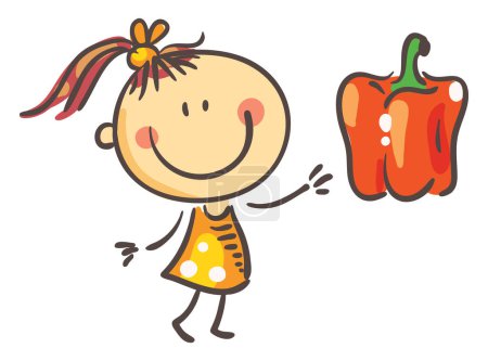 Téléchargez les photos : Cute little cartoon girl with vegetable - paprica. Healthy food and kid, vector clipart illustration. Isolated on white background. - en image libre de droit
