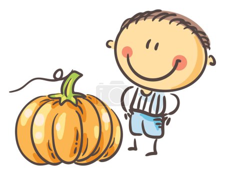 Téléchargez les photos : Happy kid with big pumpkin. Isolated on white background. Vector clipart illustration. - en image libre de droit