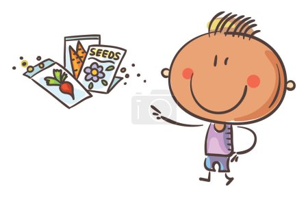 Téléchargez les photos : Gardening clipart. Doodle kid with seeds. Isolated on white. Vector illustration. - en image libre de droit