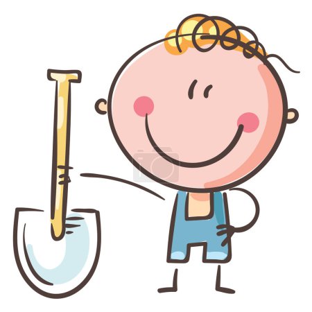 Téléchargez les photos : Cartoon boy with spade. Doodle kid clipart. Isolated on white background. Vector illustration. - en image libre de droit