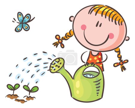 Doodle cartoon kid watering plants. Girl with watering-can. Vector clipart illustration.