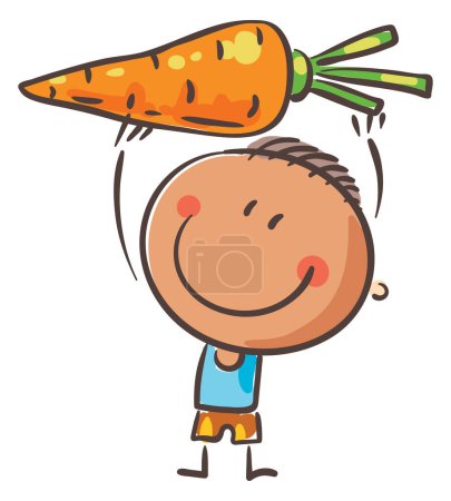 Téléchargez les photos : Dessin animé petit garçon tenant la carotte. Doodle kids clipart. Isolé sur fond blanc. Illustration vectorielle. - en image libre de droit