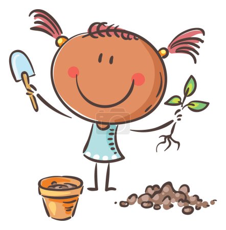 Mädchen pflanzen einen Sämling in einen Topf. Cartoon glücklich Doodle Kind Cliparts Vektor Illustration.