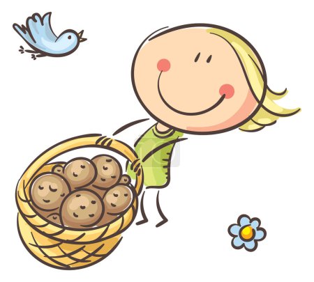 Téléchargez les photos : Doodle girl avec une récolte de pommes de terre dans un panier. Illustration vectorielle de clipart d'enfant de dessin animé. - en image libre de droit