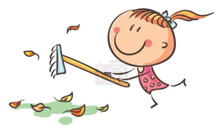 Illustration for The girl rakes autumn leaves. Doodle cartoon happy kid vector clipart illustration. - Royalty Free Image