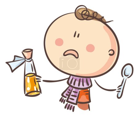 Téléchargez les photos : Illustration d'un garçon malade prenant des médicaments. Doodle dessin animé enfant vecteur clipart. Isolé sur fond blanc. - en image libre de droit