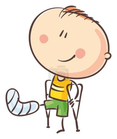 Téléchargez les photos : Illustration d'un gamin gribouillé avec une jambe cassée. Clipart de soins de santé vectoriels - en image libre de droit