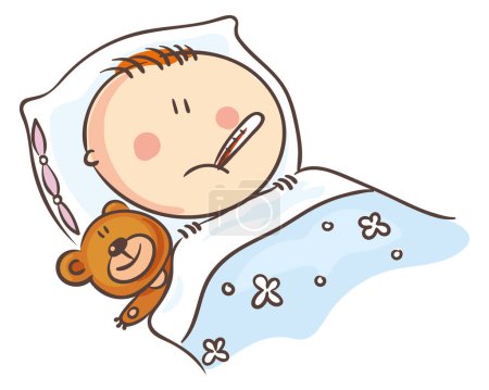 Illustration for Cartoon child feeling unwell. Little boy suffering high temperature. Vector clipart. - Royalty Free Image