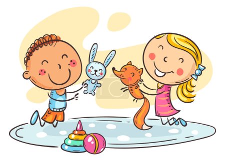 Ilustración de Doodle niños de dibujos animados felices jugando con juguetes en la alfombra. Ilustración del clipart vectorial - Imagen libre de derechos