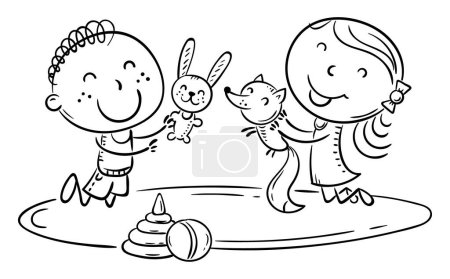 Téléchargez les photos : Petits enfants heureux souriants jouant avec des jouets sur le tapis. Schéma dessin animé vecteur clipart illustration - en image libre de droit
