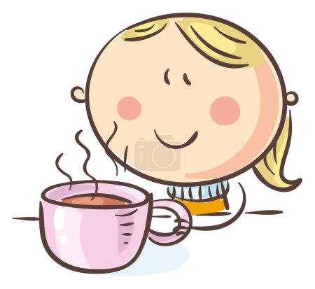 Téléchargez les photos : Doodle petite fille boire une boisson chaude pendant la maladie. Clipart vectoriel dessin animé enfant. - en image libre de droit