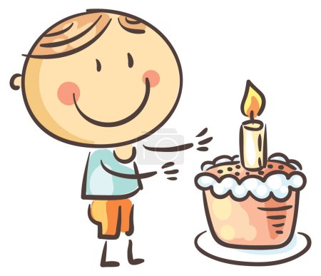 Téléchargez les photos : Dessin animé garçon heureux avec gâteau birtday, petit enfant, célébrer l'événement, illustration vectorielle clipart - en image libre de droit