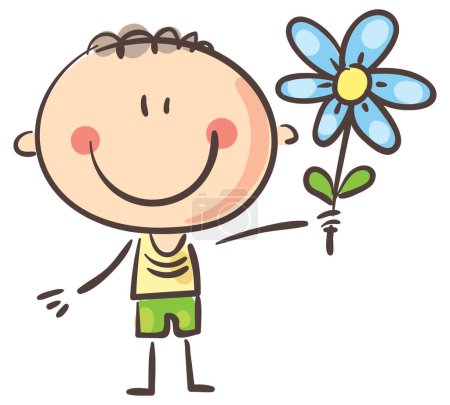 Téléchargez les photos : Doodle petit garçon avec fleur bleue, dessin animé enfant vectoriel illustration - en image libre de droit