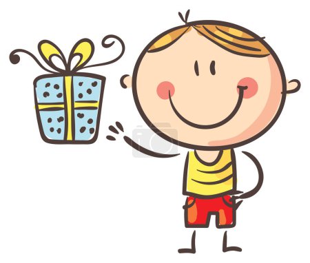 Téléchargez les photos : Dessin animé garçon doodle avec boîte cadeau, illustration vectorielle joyeux anniversaire enfant - en image libre de droit