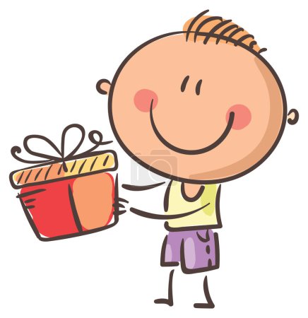 Téléchargez les photos : Dessin animé garçon souriant tenant cadeau, clipart anniversaire, illustration vectorielle enfant heureux - en image libre de droit