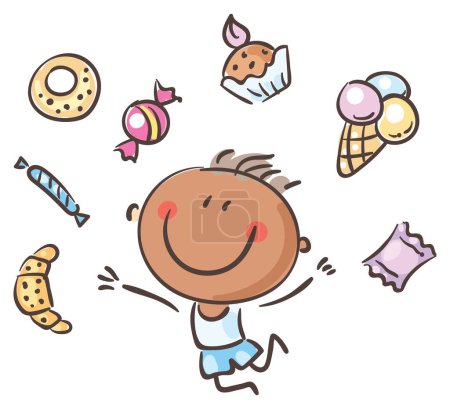 Téléchargez les photos : Clipart collection de bonbons de dessin animé. Joyeux gosse doodle avec des gâteaux et des bonbons. Un garçon souriant saute de joie. Illustration vectorielle - en image libre de droit