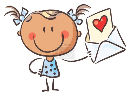 Téléchargez les photos : Doodle petite fille tenant carte de vœux avec coeur, dessin animé enfant vecteur illustration, valentine clipart - en image libre de droit