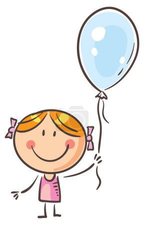 Téléchargez les photos : Dessin animé doodle fille avec ballon, joyeux anniversaire vecteur clipart illustration - en image libre de droit