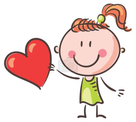 Cartoon smiling girl holding heart, valentine day clipart, happy kid vector clipart illustration