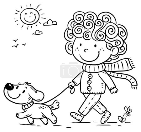 Téléchargez les illustrations : Le garçon aux cheveux bouclés sort dehors avec son chien un jour de printemps ensoleillé. Coloriage pour enfants. Illustration vectorielle dessin animé noir et blanc - en licence libre de droit