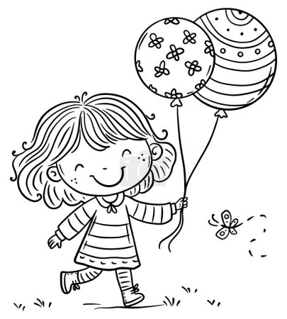 Téléchargez les illustrations : Mignon dessin animé petite fille avec des ballons marchant à l'extérieur. Coloriage pour enfants. Illustration vectorielle noir et blanc - en licence libre de droit