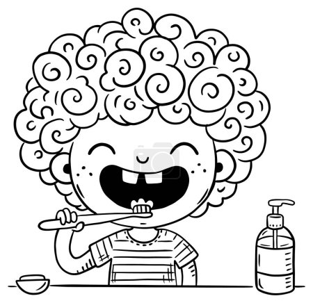 Cartoon little kid brush their teeth. Daily routine, good hygiene procedures. Coloring book page for children. Black and white vector illustration