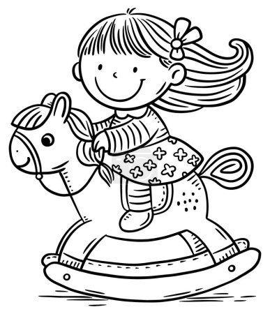 Illustration for Cartoon little girl riding a toy horse, black and white vector illustration. Coloring book page for children. - Royalty Free Image