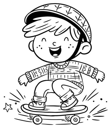 Illustration for Happy cartoon boy to skateboard. Isolated black and white vector illustration. Coloring book page - Royalty Free Image