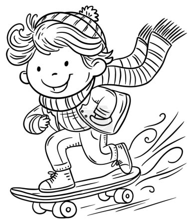 Téléchargez les photos : Smiling dessin animé scateboard adolescent garçon en vêtements d'hiver. Livre à colorier. Illustration vectorielle de contour isolé - en image libre de droit