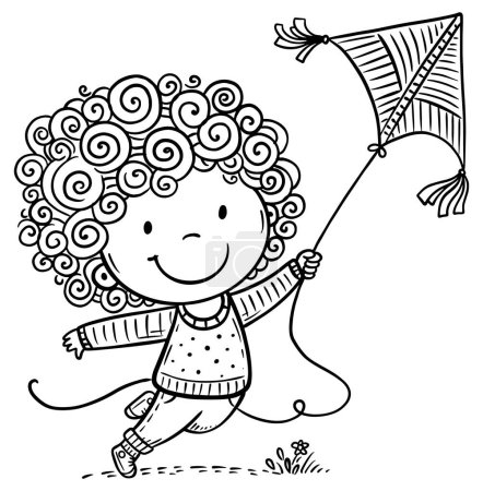 Illustration for Cute cartoon happy kid playing with flying kite. Line art, black and white vector illustration. Coloring book page for children - Royalty Free Image