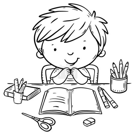 Téléchargez les photos : Cartoon écolier faisant ses devoirs au bureau. Décrivez l'illustration vectorielle. Coloriage pour enfants - en image libre de droit