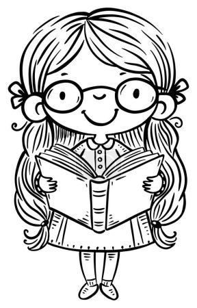 Téléchargez les photos : Petite fille de dessin animé souriante avec des lunettes debout et lisant un livre. Illustration vectorielle de contour isolée. Coloriage pour enfants - en image libre de droit