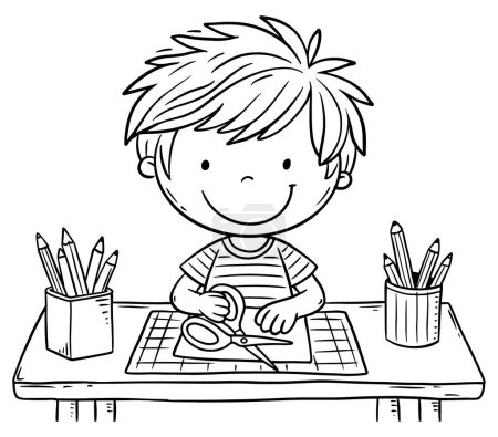 Téléchargez les photos : Dessin animé garçon heureux assis à la table et couper du papier. Activités créatives pour enfants. Illustration vectorielle d'art linéaire. Coloriage pour enfants - en image libre de droit