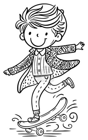 Illustration for Cartoon happy teenage boy skateboarding at skate. Coloring book page. Isolated black and white vector illustration - Royalty Free Image