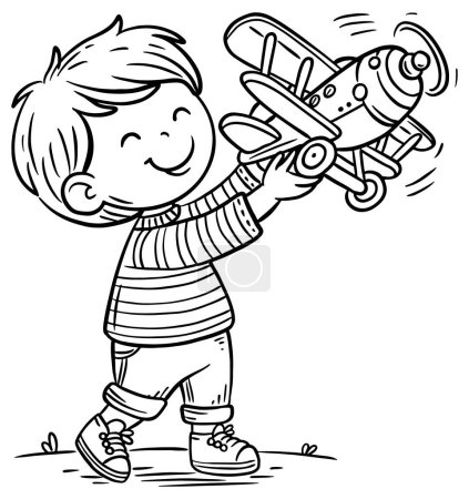 Téléchargez les photos : Mignon petit garçon dessin animé jouant avec un jouet d'avion à l'extérieur. Illustration vectorielle d'art linéaire. Coloriage pour enfants - en image libre de droit