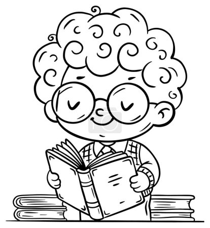Illustration for Cute cartoon little boy in glasses sitting and reading a book. Isolated black and white vector illustration. Coloring book page for children - Royalty Free Image