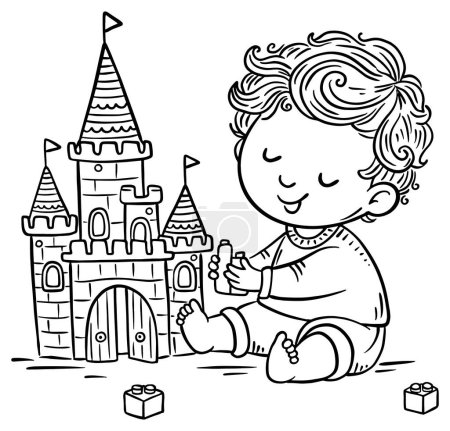 Illustration for Cute cartoon little boy playing with lego. Black and white vector illustration. Coloring book page for kids - Royalty Free Image