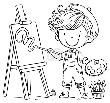 Illustration for Happy cartoon little kid artist painting picture on easel. Black and white vector illustration. Coloring book page for children - Royalty Free Image