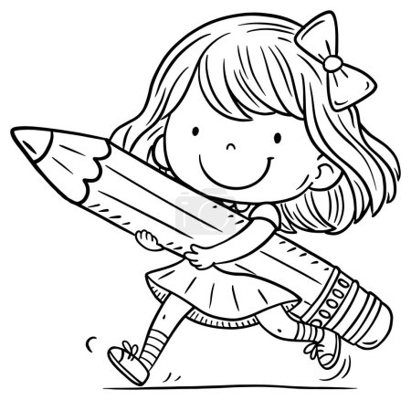 Téléchargez les illustrations : Petite fille souriante tenant un gros crayon. Illustration vectorielle isolée en noir et blanc. Coloriage pour enfants - en licence libre de droit
